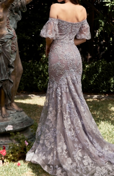 Off the shoulder puff sleeve rose or violet purple lace beaded mermaid gown - Picture 5 of 7
